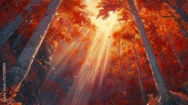 Fototapeta Sunlight streams through vibrant red autumn leaves in a forest.