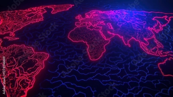 Fototapeta Neon world map with glowing continents and rivers.