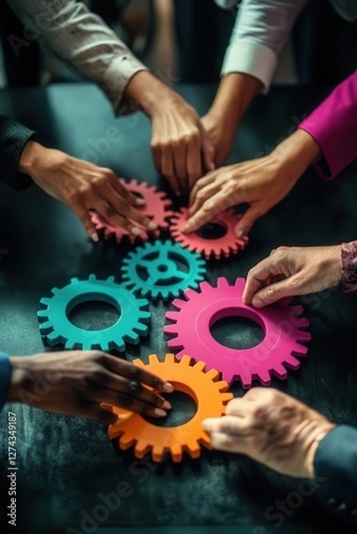 Fototapeta Collaboration and teamwork with colorful gears on a table, diverse hands working together for business innovation and problem-solving in the workplace.
