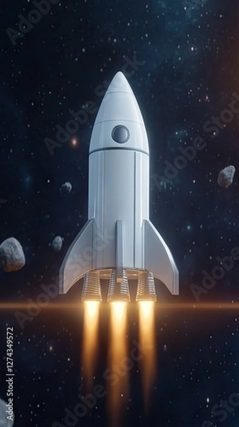 Fototapeta Rocket launches into space surrounded by asteroids, showcasing the advancements in aerospace technology and exploration initiatives