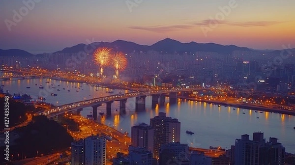 Fototapeta Cityscape Fireworks Display Over River Bridge at Dusk