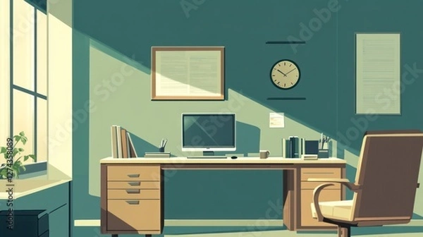 Fototapeta Sunlit office workspace, desk, chair, documents, window view