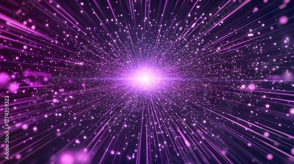 Fototapeta Particle stream. Purple background with many glowing particles. Information technology background. 3d rendering.