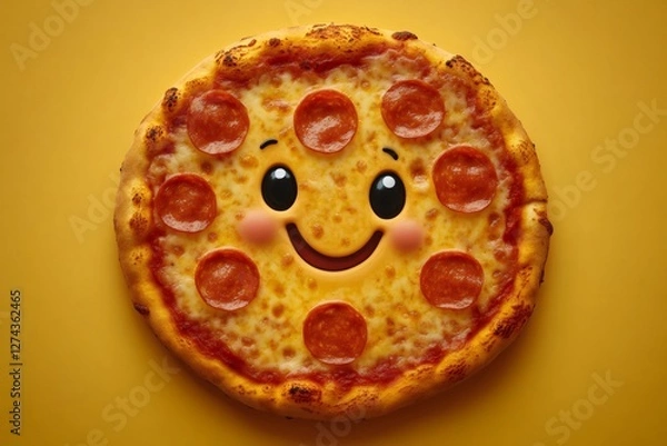 Fototapeta Cheerful pepperoni pizza with a smiling face on a vibrant yellow background, combining delicious food with playful, artistic expression