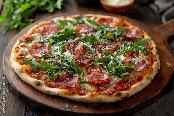Fototapeta Round pizza with tomato, mozzarella, speck, arugula and parmesan cheese on a wooden board, resting on a dark wooden table