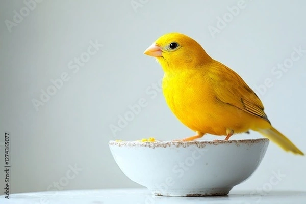 Fototapeta Small yellow canary happily eating birdseed from a white bowl placed on a clean white table, showcasing its vibrant color and charm