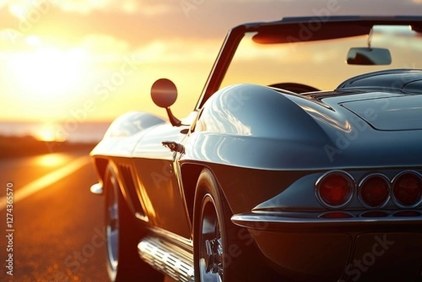 Fototapeta Classic convertible cruising at sunset, showcasing its sleek design and vibrant colors.