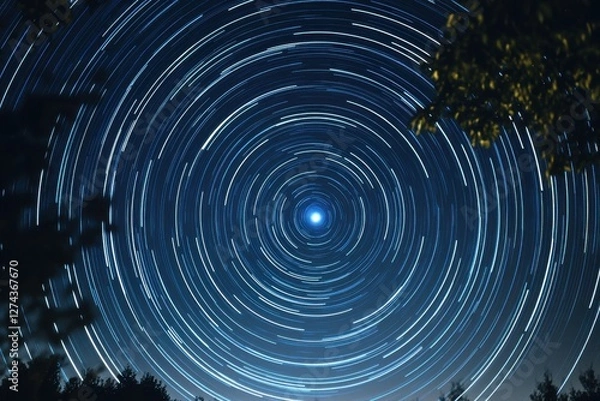 Fototapeta A breathtaking display of star trails swirling around Polaris, captured through long exposure, with silhouetted trees framing the celestial wonder and highlighting Earth's rotation.