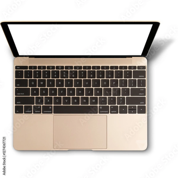 Fototapeta A top view of a sleek, modern laptop with a blank screen, showcasing its minimalist design and keyboard layout.