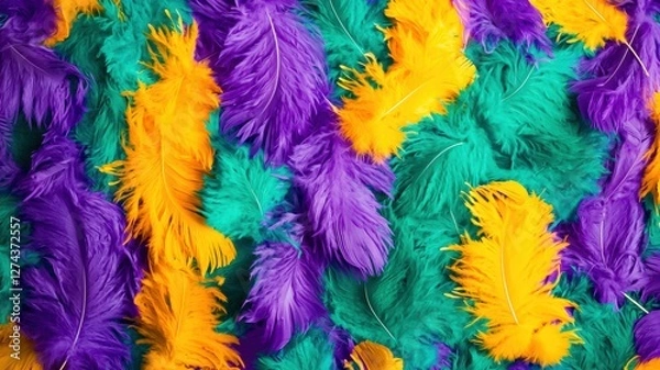 Fototapeta Colorful feathers in purple, green, and yellow create a vibrant, festive background, ideal for celebrations and decorations, Mardi gras