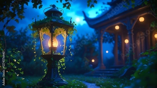 Fototapeta A 3D-rendered scene of an old, mystical garden lantern standing tall but unlit
