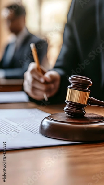 Obraz Close-up of a professional lawyer holding a court gavel and reading a document on a table in an office
