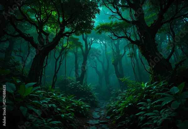 Fototapeta Forest with mist and green scary vibes