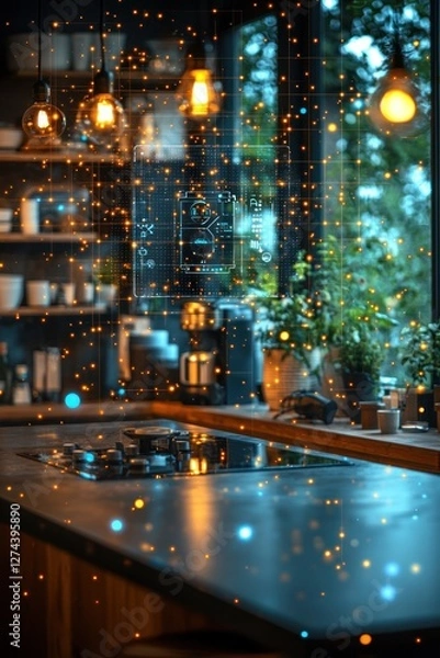 Fototapeta Cozy kitchen with glowing lights and greenery, showcasing a modern cooking space in a serene setting