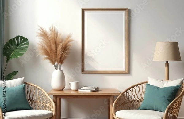 Obraz AI generated coastal home interior mockup with blank frame, wooden furniture, lamp, vase with dry grass. Stylish living room design template in boho scandinavian style.