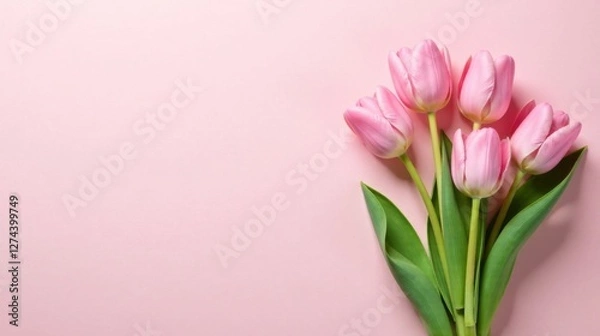 Fototapeta A Delicate Bouquet of Pink Tulips on a Soft Pink Background, Perfect for Springtime Celebrations and Greeting Cards