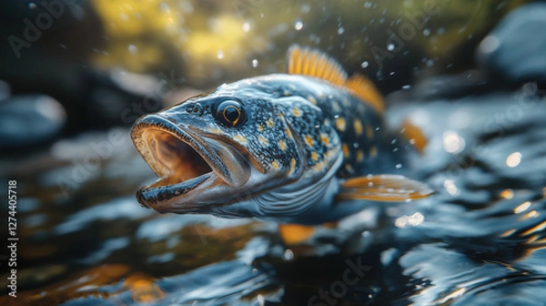 Fototapeta Walleye fish breaches the surface of a freshwater river, creating splashes and displaying its open mouth