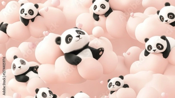 Fototapeta Adorable pandas nestled in fluffy pink clouds with hearts.