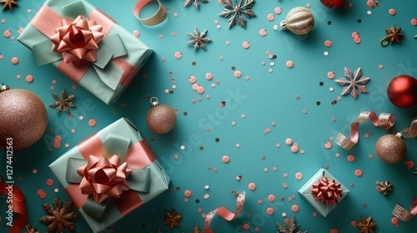 Obraz A turquoise background with gift boxes tied in velvet ribbons and surrounded by paper decorations