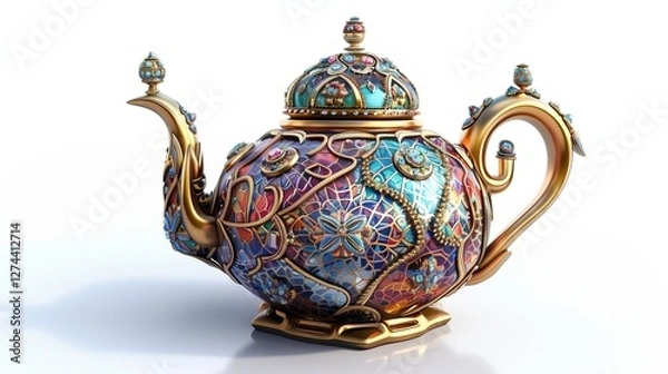 Fototapeta An intricately illustrated toy teapot, with fine detailing and reflections, placed on a bright white background.