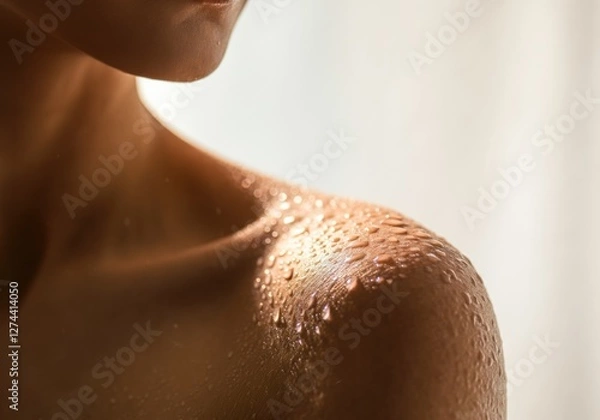Fototapeta Close-up of a woman's shoulder with water droplets glistening on skin