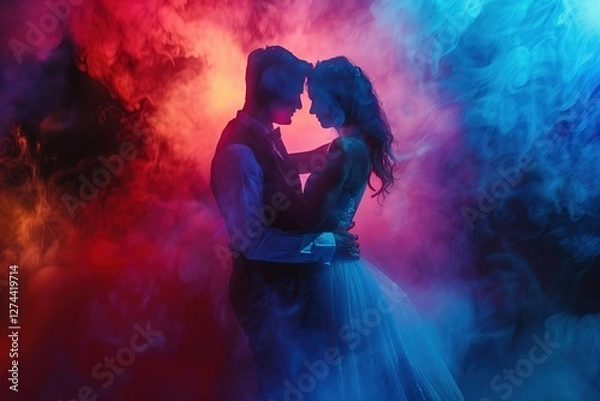 Obraz Silhouette of a loving couple on a background of colored smoke, Ai Generated