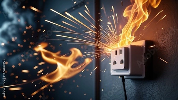 Fototapeta Electrical outlet short circuit with bright sparks, flames, and smoke, high-intensity malfunction scene

