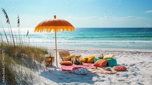 Fototapeta * Beach picnics with colorful umbrellas and cozy setups.