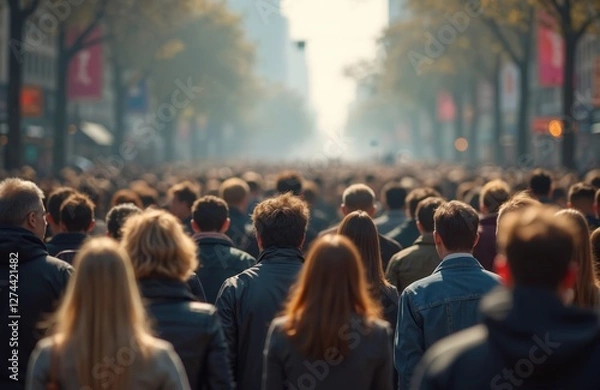 Obraz Backlit crowd walking city street. Commuters move on sidewalk in urban area. Large group of people walks outdoors in tied-up downtown district. Society, population, social themes concept. Sunny day.