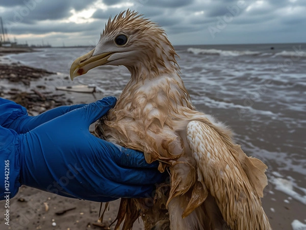 Obraz A polluted seagull covered in oil is on a contaminated beach, struggling to move. A rescuer wearing protective gloves carefully handles the bird, highlighting the impact of environmental disasters. 