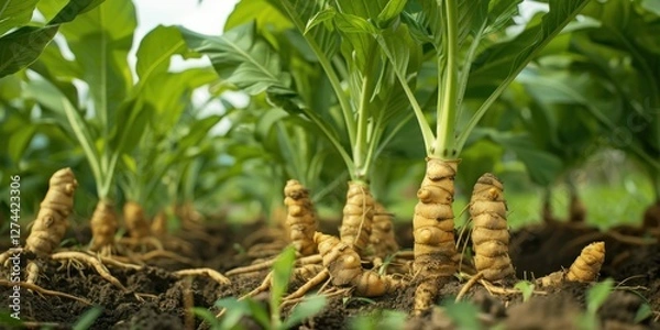 Obraz This close-up highlights a turmeric plant thriving in its natural habitat. Debuting lush green leaves above and sturdy roots below the image reflects its healthy growth in the field