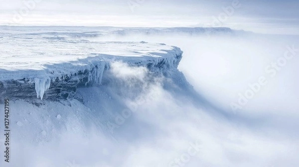 Fototapeta Majestic Ice Cliff Under Heavy Snowfall and Whiteout Conditions