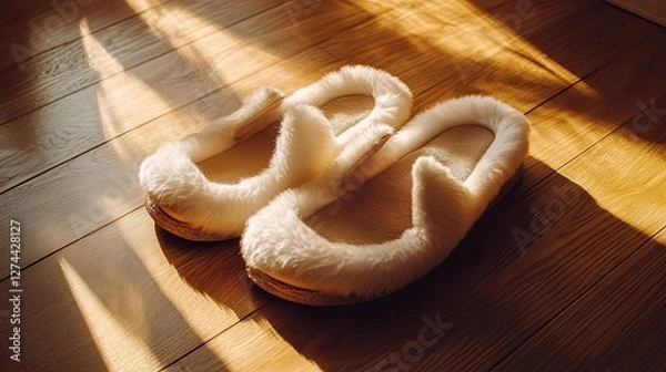 Obraz A pair of luxury fur-lined slippers in light tan, lying on a polished wooden floor with soft shadows around them