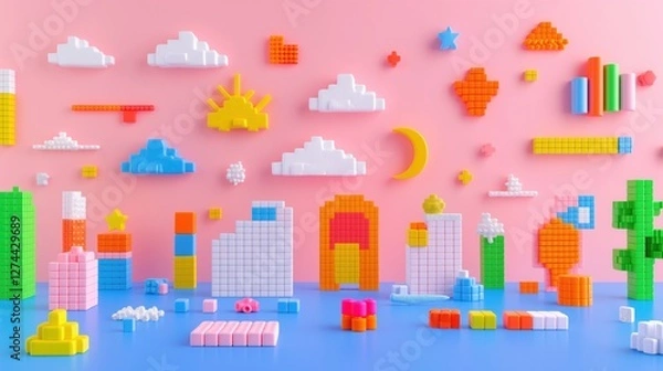 Fototapeta plastic blocks forming whimsical pixelated cityscape with floating white clouds on pastel pink background copyspace concept of marketing, creative design