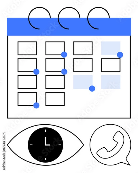 Fototapeta Calendar grid with event markers, an eye symbol with a clock, and a phone bubble for reminders. Ideal for scheduling, planning, organization, team coordination, productivity, reminders abstract line