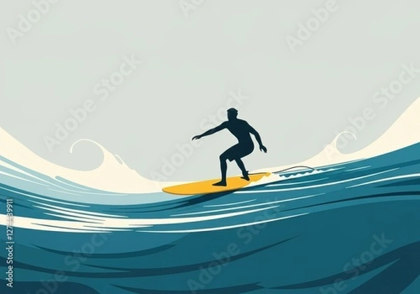 Fototapeta Surfer riding a wave on a yellow surfboard against a calm ocean backdrop