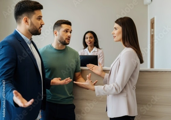 Obraz Discussion between three people in office setting