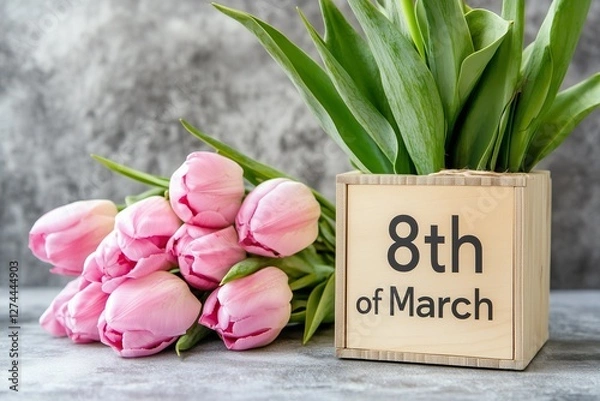 Obraz 8th of March Wooden Cube Calendar with Pink Tulip Bouquet – International Women's Day Concept