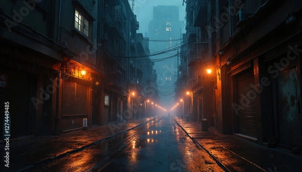 Fototapeta Illustration of dark street in rainy dystopian cyberpunk city at night. Buildings, road, streetlights in fog, rain. Grunge urban background with futuristic gritty scenery. Gloomy alley, light