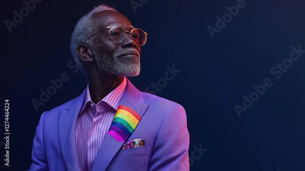 Obraz  elderly Black gay man wearing a tailored lavender suit with a rainbow pocket square, posed confidently against a deep navy blue background, exuding elegance, pride, and sophistication.