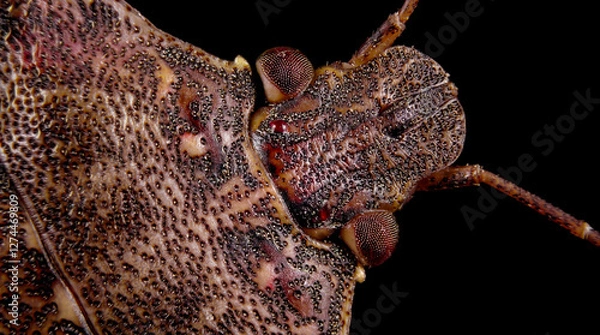 Fototapeta Brown Marmorated Stink Bug Head Macro on a Black Background