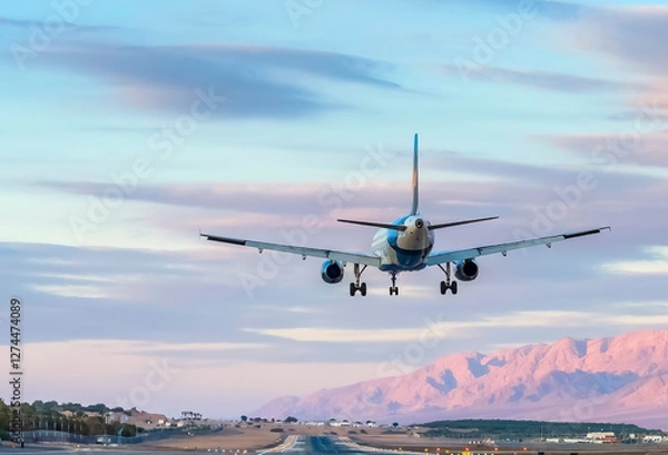 Obraz Landing civil jet aircraft in desert area of the Middle East, seen runway and surrounding mountains and  evening sky with light clouds. No Ai tools were used