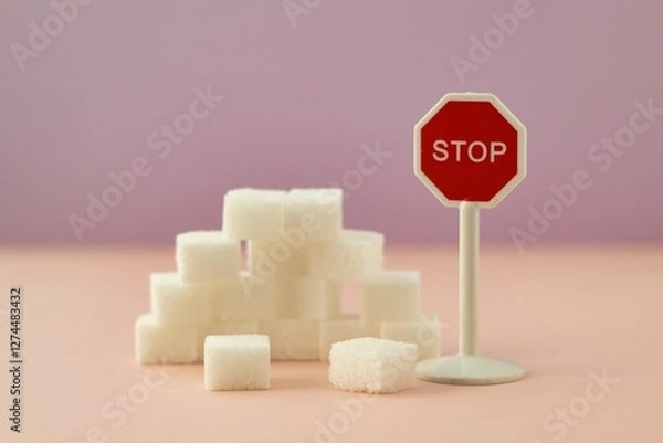 Obraz Diabetes; No more sugar; Stop using so much sugar; Too much sugar; Sugar cubes with a stop sign