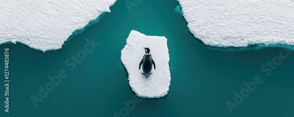 Fototapeta Lone penguin on thinning ice antarctic waters nature photography melting glacier environment aerial view climate change concept