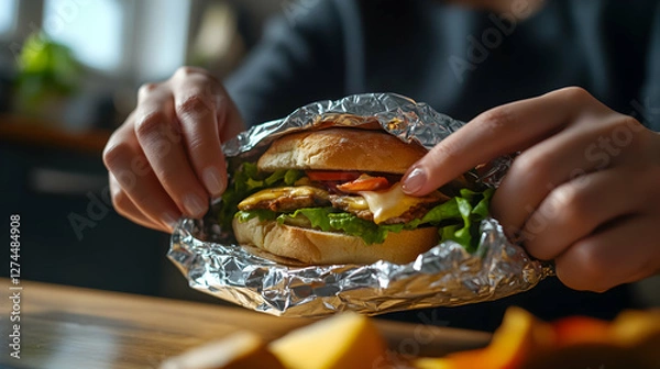 Obraz Close-up of hands wrapping a delicious sandwich in aluminum foil, ready for a lunch break in a contemporary kitchen setting