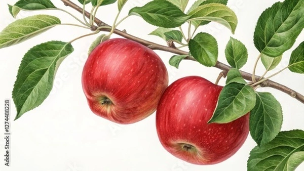Fototapeta Watercolor Apples on Branch Botanical Illustration, Red Fruit, Close-up Composition, Nature Still Life Apple Still Life, Botanical Painting