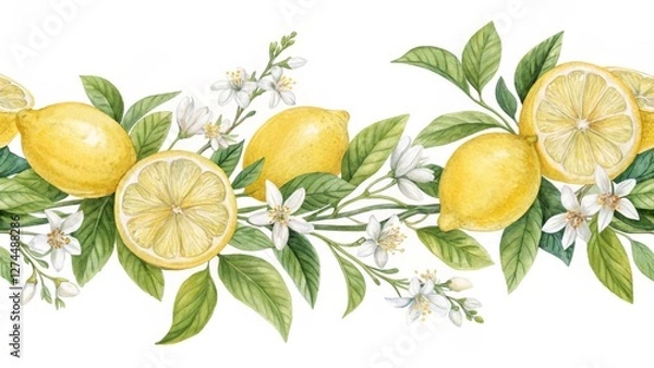 Fototapeta Watercolor Lemon Branch Border Seamless Pattern, Floral Design, Citrus Fruit, Botanical Illustration. Lemon, Citrus