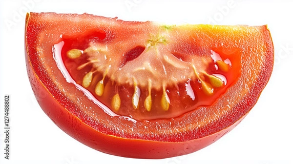 Fototapeta Close up of a Ripe tomato slice showcasing vibrant red flesh, seeds, and juicy pulp reflecting soft illumination isolated on a white background