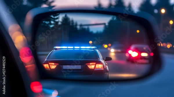 Obraz Driver pulled over by police at night with flashing lights in rearview mirror