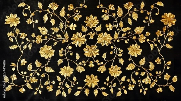 Fototapeta A decorative pattern featuring intricate golden floral designs on a black background.